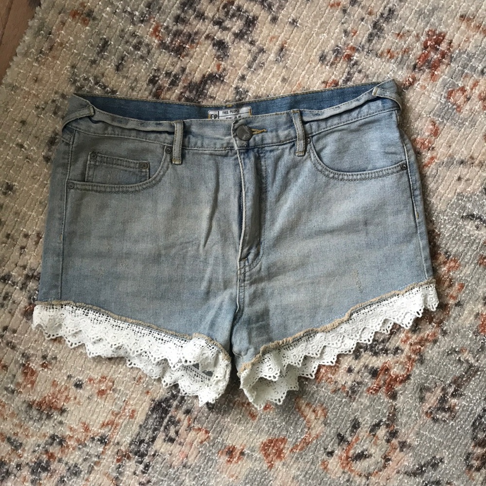Free People High Rise Denim Shorts with Lace Trim